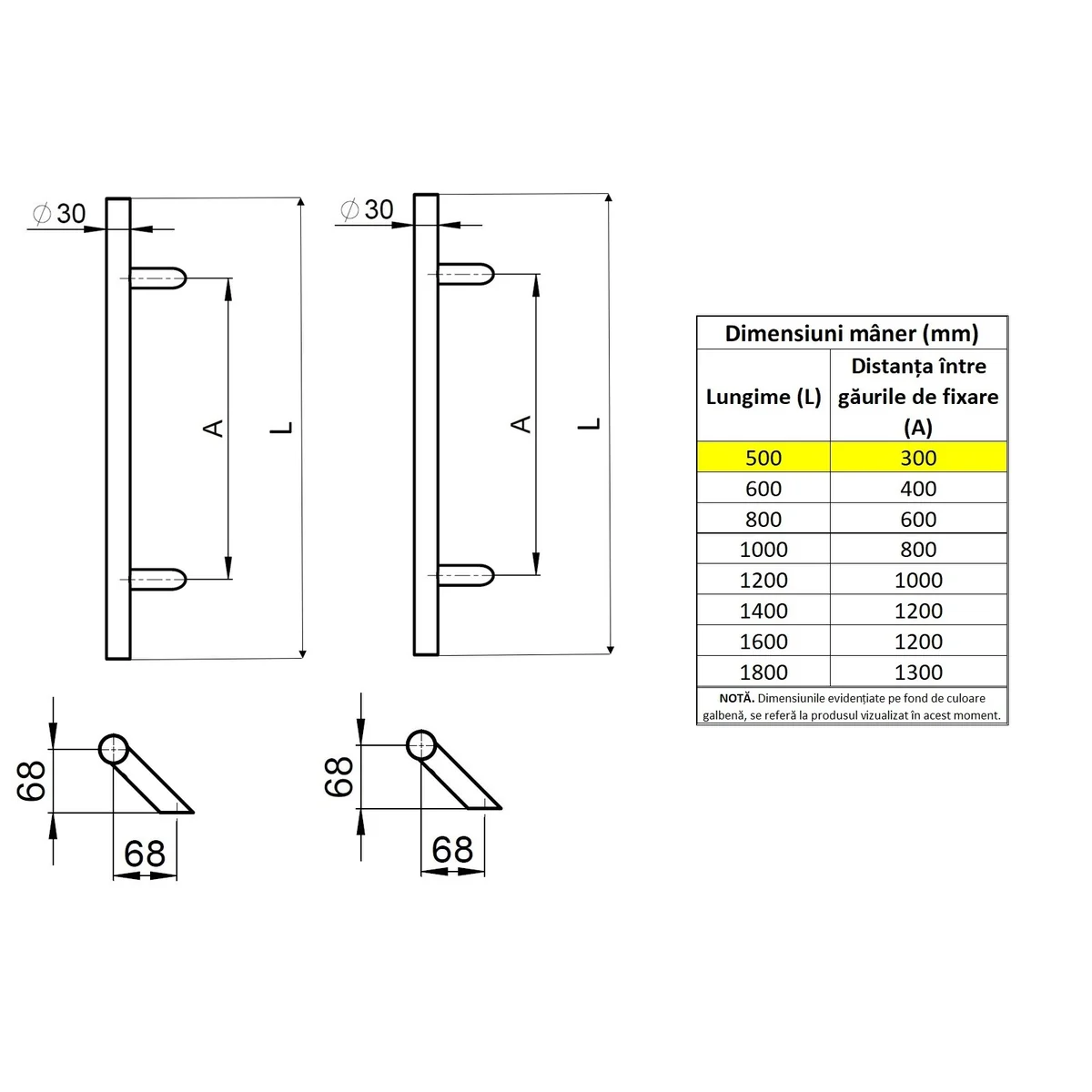 Set maner spatial pe ambele parti WALA din inox 304 rotund 30 mm lungime 500 mm asezare la 45 de grade cu accesorii de prindere