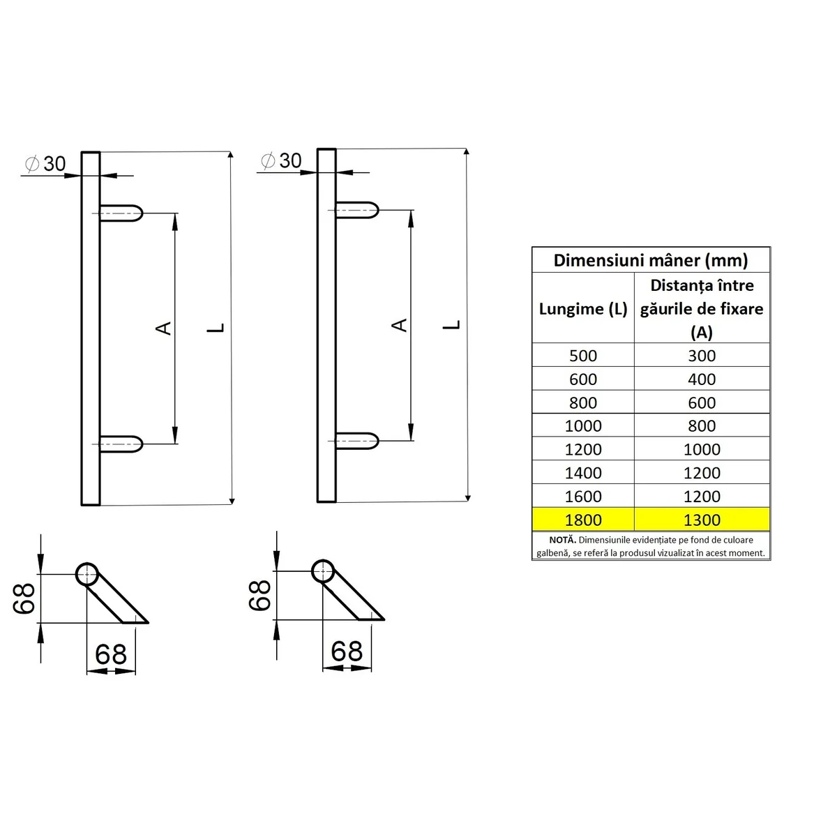 Set maner spatial pe ambele parti WALA din inox 304 rotund 30 mm lungime 1800 mm asezare la 45 de grade cu accesorii de prindere