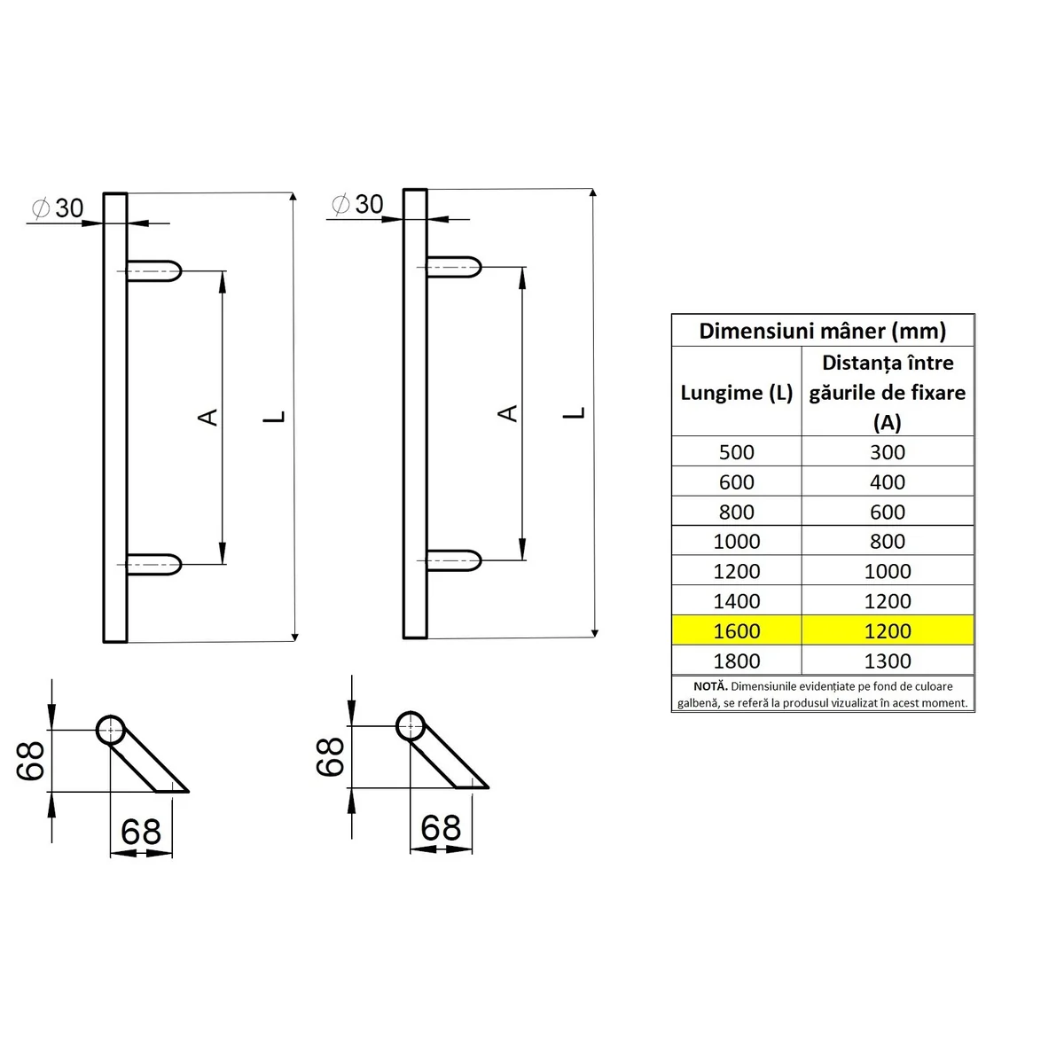 Set maner spatial pe ambele parti WALA din inox 304 rotund 30 mm lungime 1600 mm asezare la 45 de grade cu accesorii de prindere