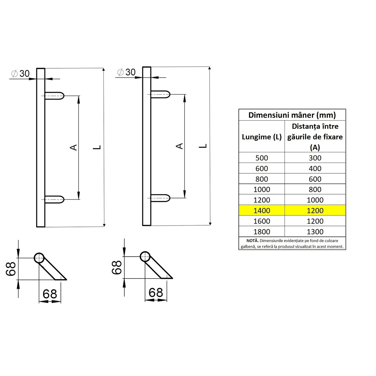 Set maner spatial pe ambele parti WALA din inox 304 rotund 30 mm lungime 1400 mm asezare la 45 de grade cu accesorii de prindere