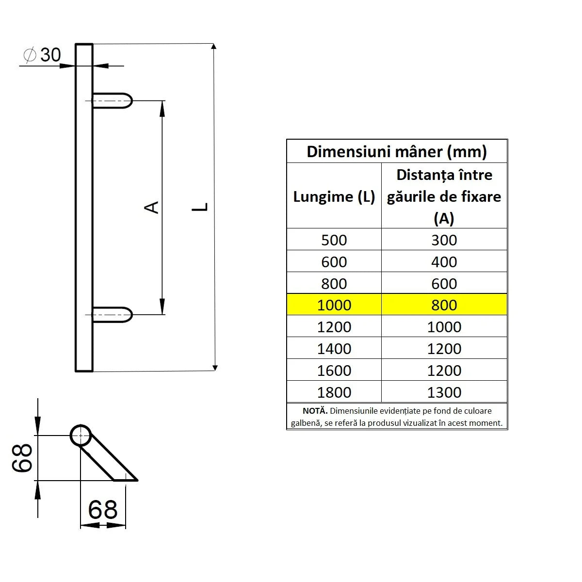 Maner spatial o singura parte WALA P45 inox 304 rotund 30 mm lungime 1000 mm asezare la 45 de grade fara accesorii de prindere