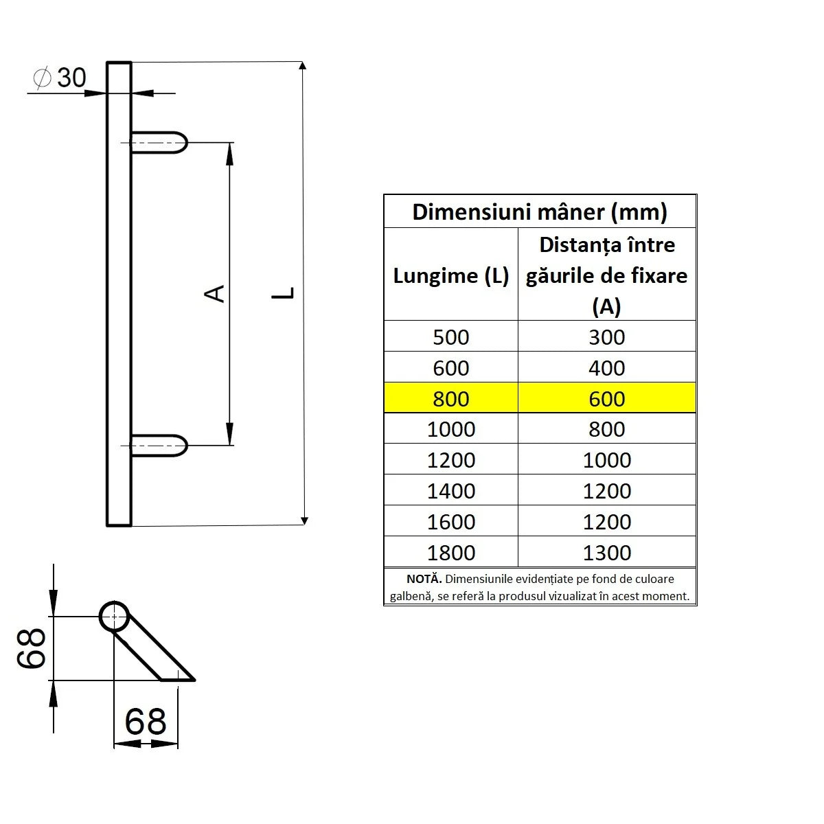 Maner spatial o singura parte WALA P45 inox 304 rotund 30 mm lungime 800 mm asezare la 45 de grade fara accesorii de prindere
