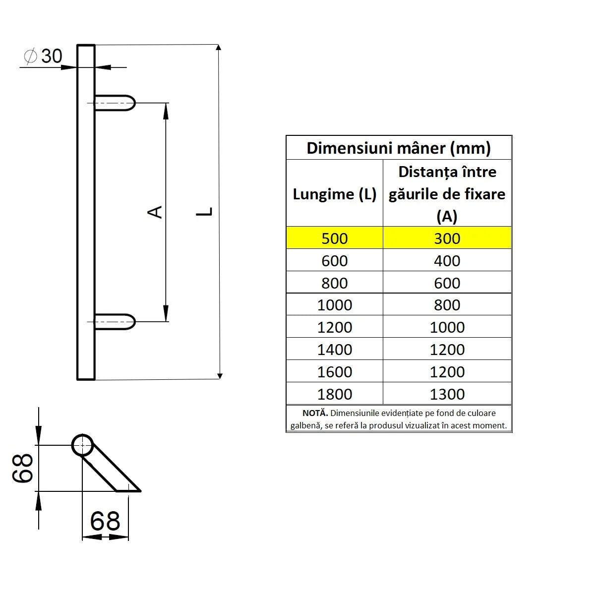Maner spatial o singura parte WALA P45 inox 304 rotund 30 mm lungime 500 mm asezare la 45 de grade fara accesorii de prindere