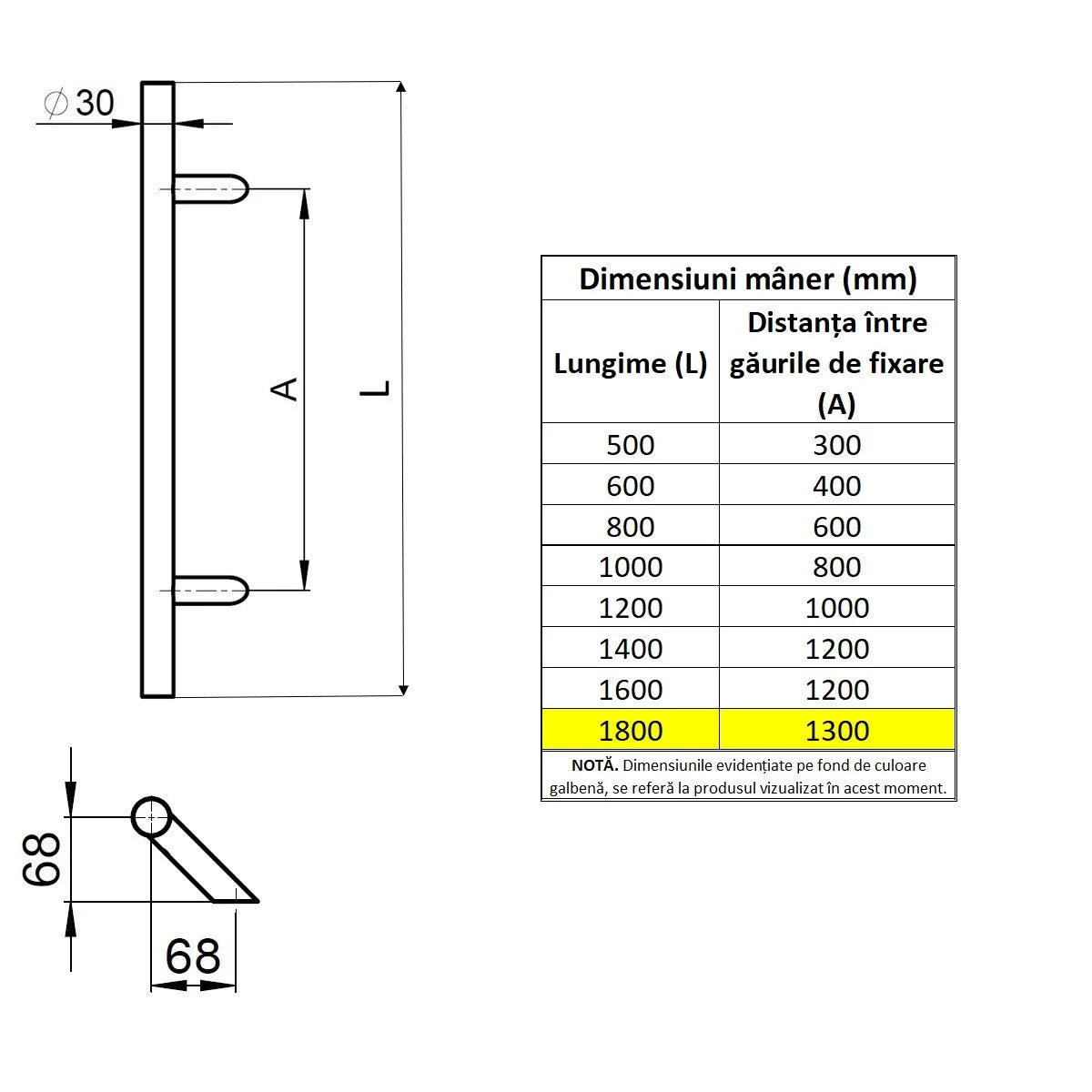 Maner spatial o singura parte WALA P45 inox 304 rotund 30 mm lungime 1800 mm asezare la 45 de grade fara accesorii de prindere
