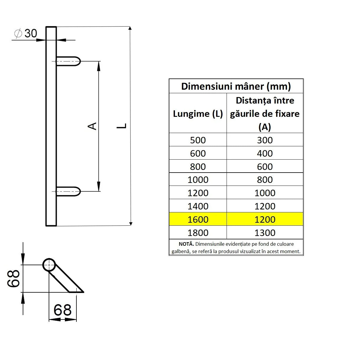Maner spatial o singura parte WALA P45 inox 304 rotund 30 mm lungime 1600 mm asezare la 45 de grade fara accesorii de prindere