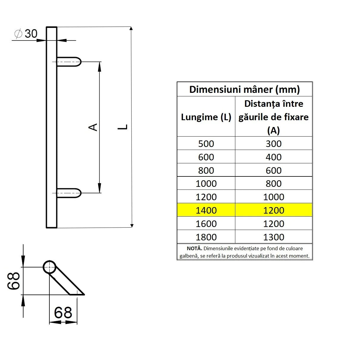 Maner spatial o singura parte WALA P45 inox 304 rotund 30 mm lungime 1400 mm asezare la 45 de grade fara accesorii de prindere