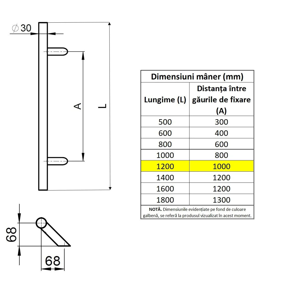Maner spatial o singura parte WALA P45 inox 304 rotund 30 mm lungime 1200 mm asezare la 45 de grade fara accesorii de prindere