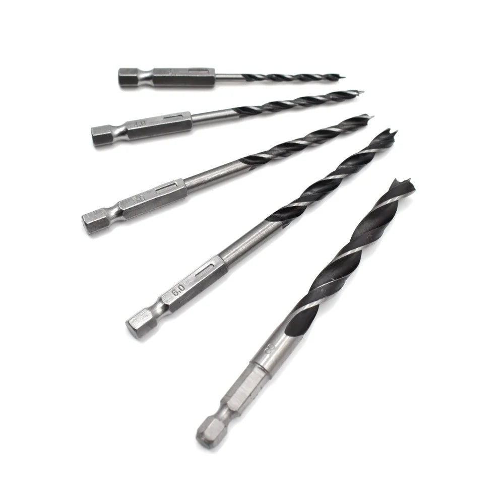 Set 5 burghie STROXX din otel pentru gaurire in lemn diametru 3, 4, 5, 6, 8 mm coada hexagonala 1/4" dispuse in cutie de plastic
