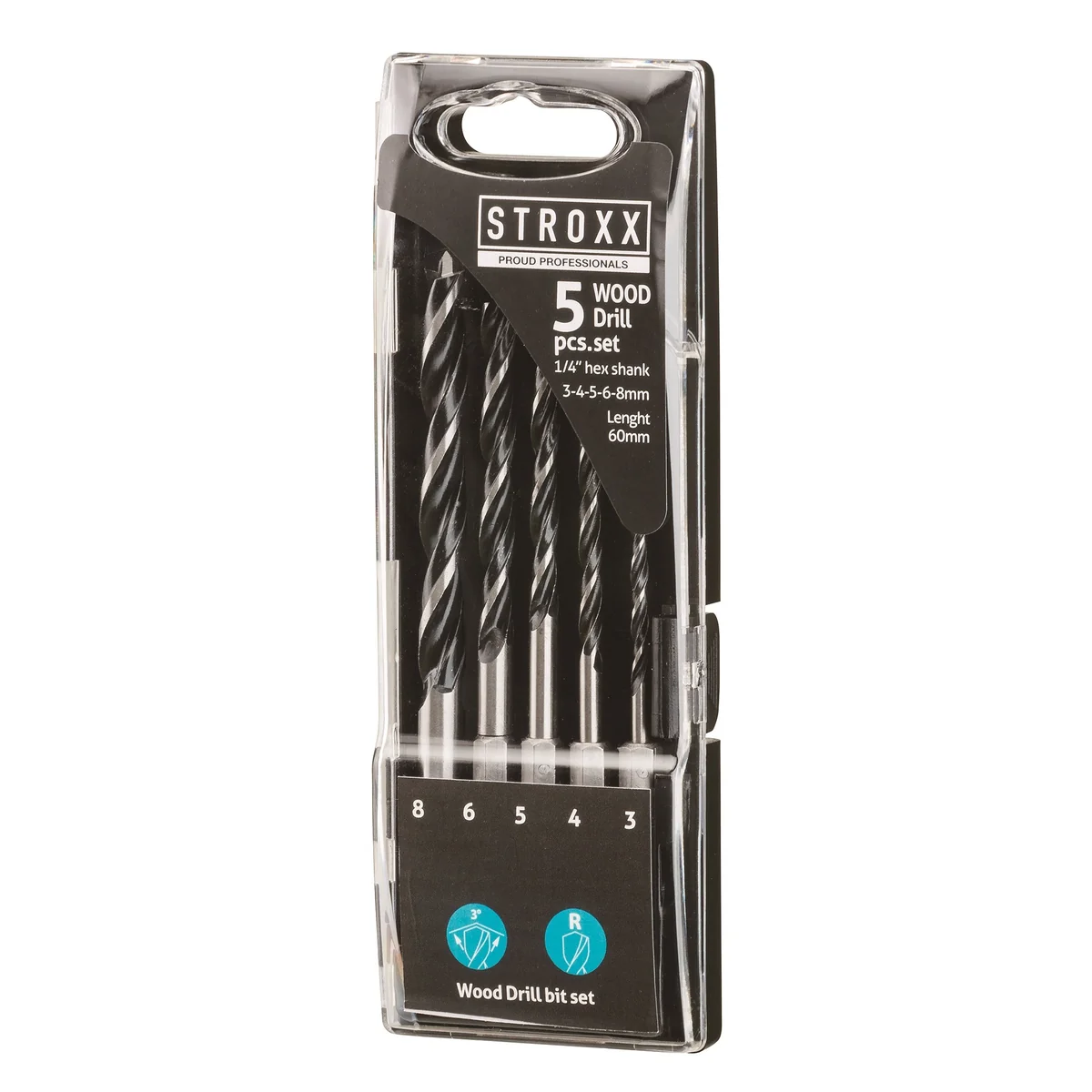Set 5 burghie STROXX din otel pentru gaurire in lemn diametru 3, 4, 5, 6, 8 mm coada hexagonala 1/4" dispuse in cutie de plastic