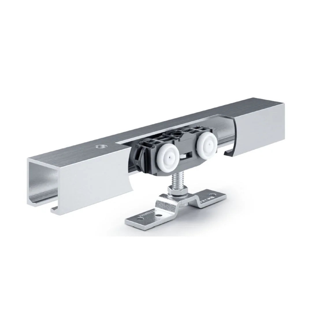 Set sina glisare GEZE Rollan 80 NT pentru usi din lemn, latime intre 500-1190 mm, lungime sina 2350 mm, culoare argintiu