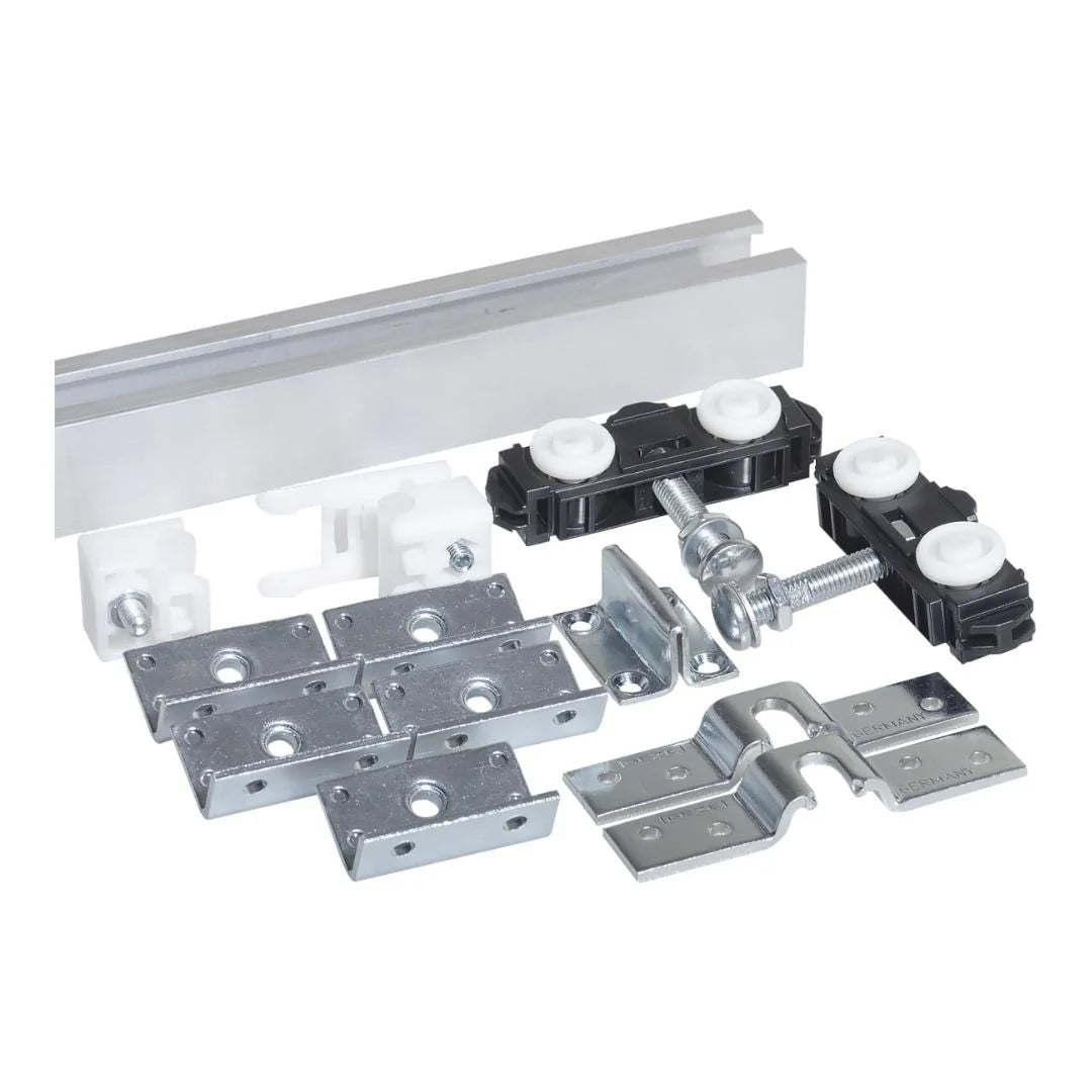 Set sina glisare GEZE Rollan 80 NT pentru usi din lemn, latime intre 500-970 mm, lungime sina 1900 mm, culoare argintiu