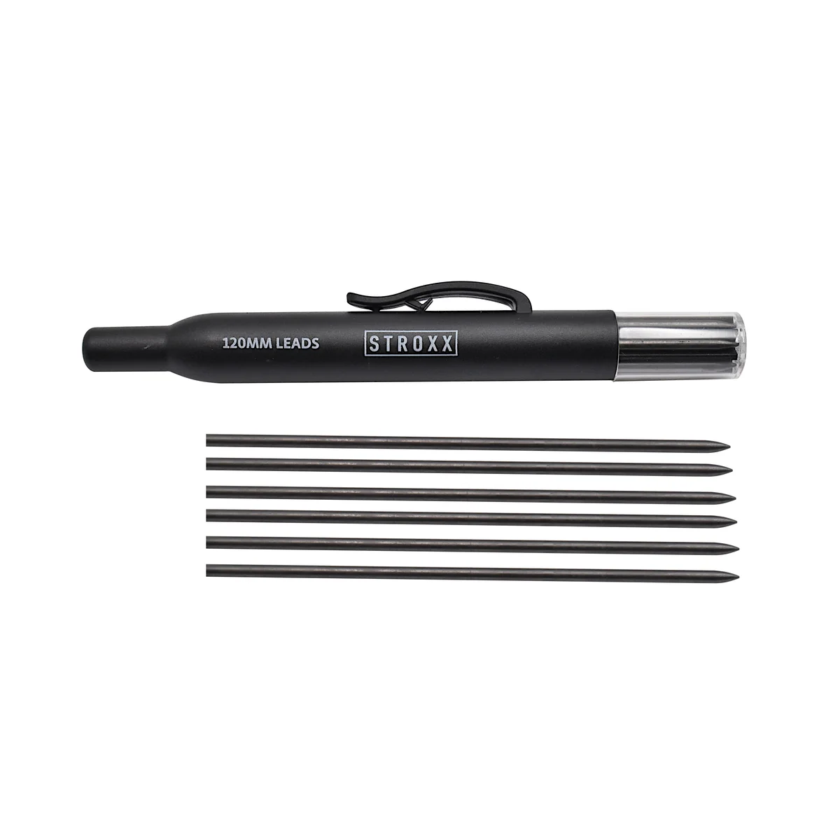 Set 6 mine de rezerva STROXX cu lungimea de 120 mm diametru 2.82 mm, grafit duritate 2B in cutie cu capac distribuitor