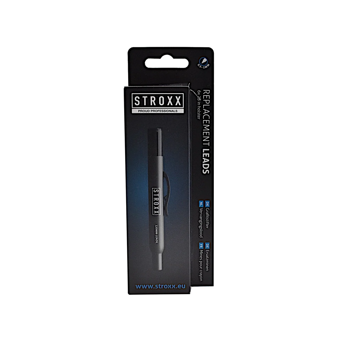 Set 6 mine de rezerva STROXX cu lungimea de 120 mm diametru 2.82 mm, grafit duritate 2B in cutie cu capac distribuitor