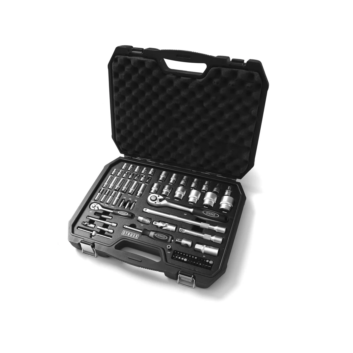 Set scule 79 de piese STROXX cu doua chei de antrenare cu clichet ½ si ¼, biti si chei diferite marimi, in geanta din plastic