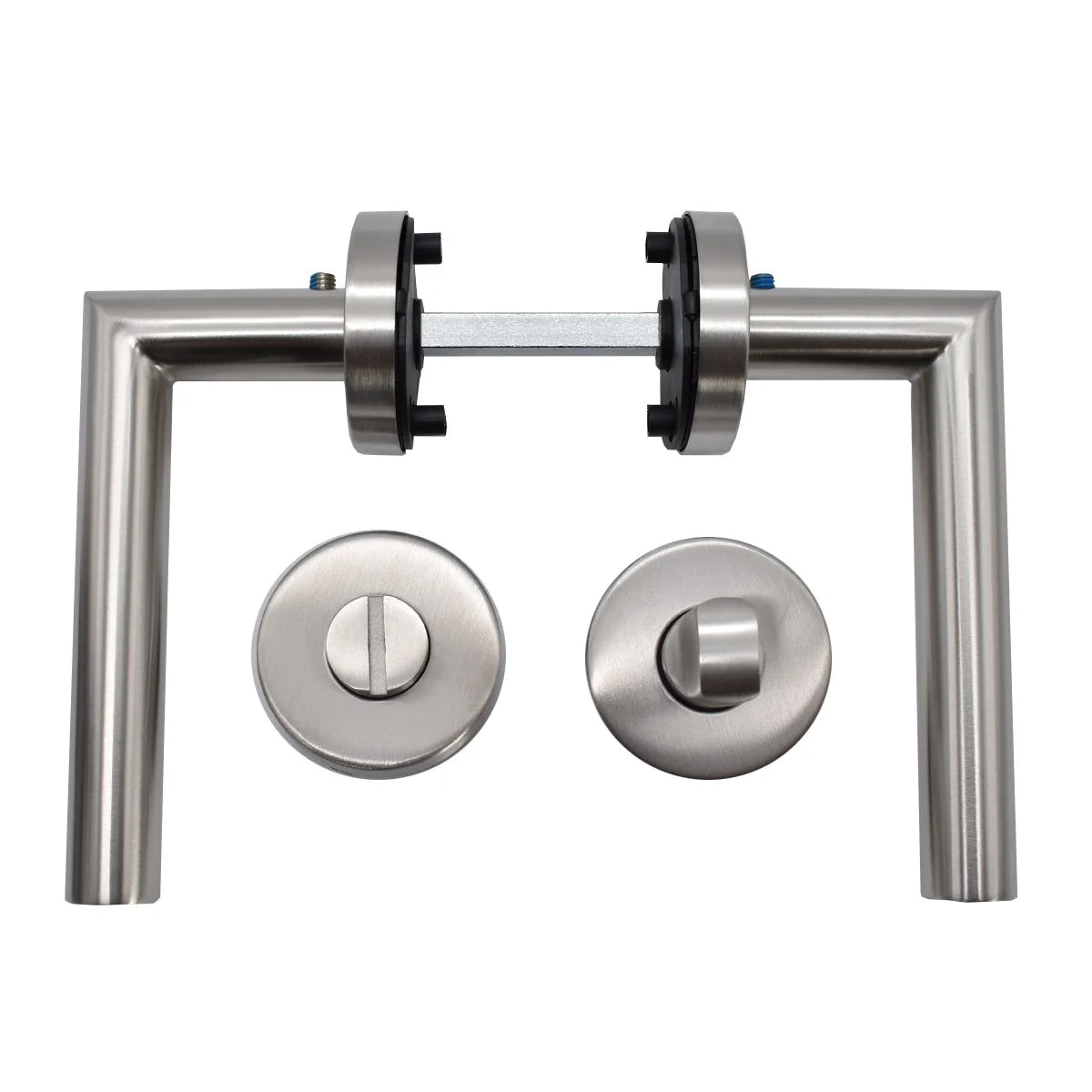 Maner usa interior STROXX cu rozeta pentru baie si maner la 90 de grade, material inox mat