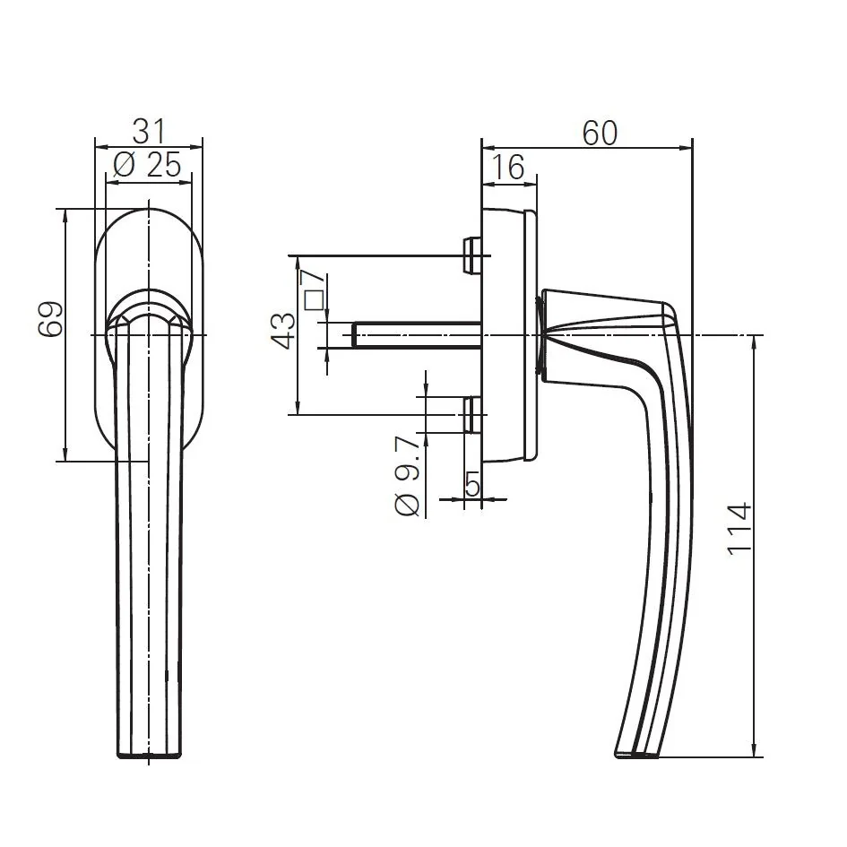 Maner fereastra secustik Roto Line, lungimea patratului 37 mm, cu suruburi de montaj, cu logo, culoare titan mat