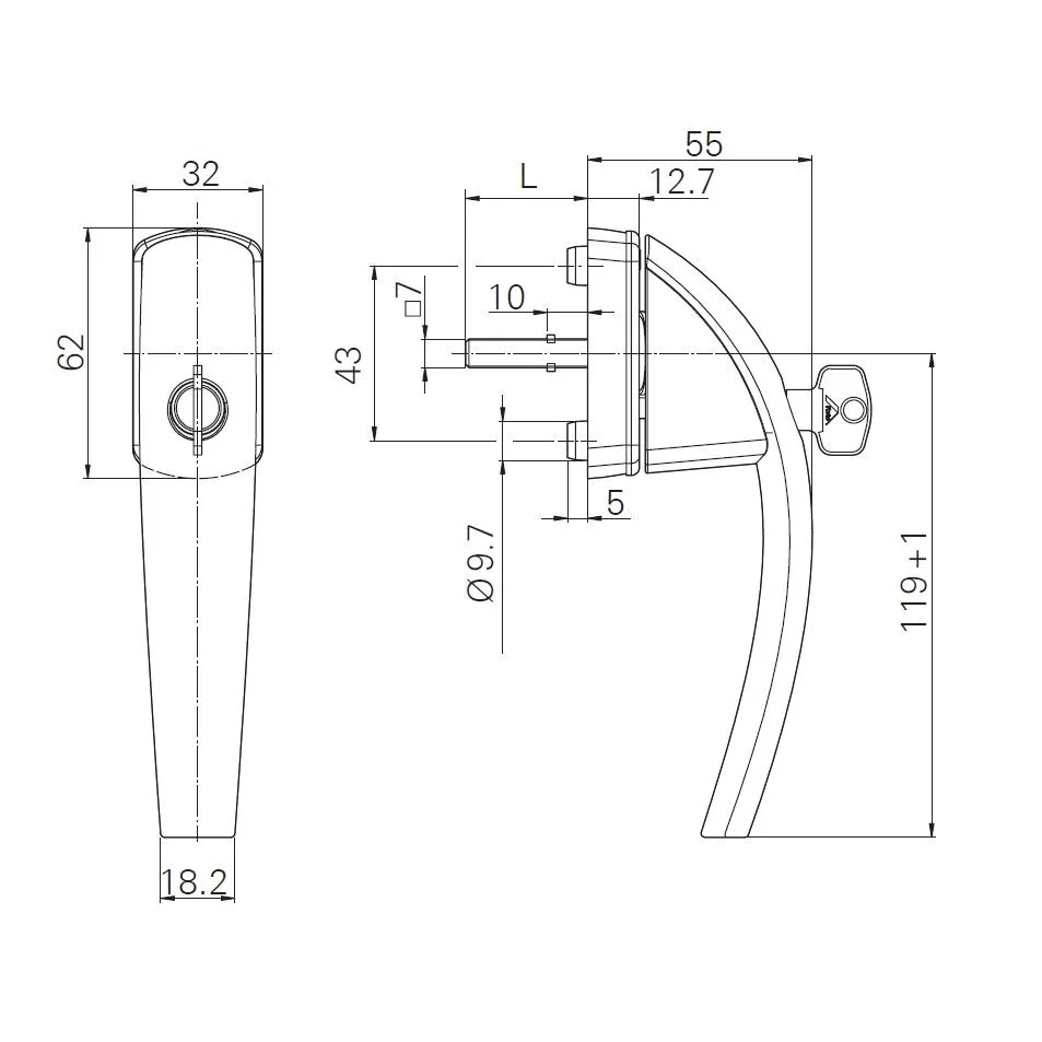 Maner fereastra cu cheie Roto Swing, lungimea patratului 43 mm, 40 Nm, cu suruburi de montaj, cu logo, culoare maro