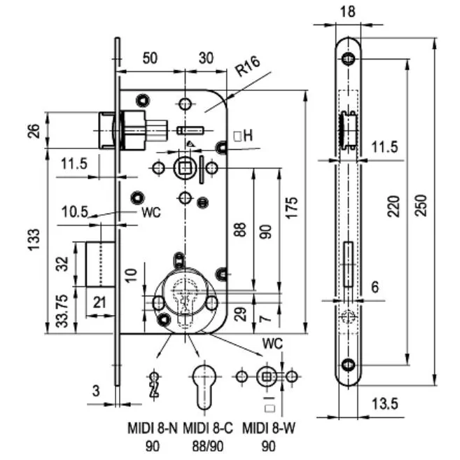 Broasca simpla pentru usi de interior din lemn, Elzett Midi 8, cheie, dornmass 50 mm, interax 90 mm, placa 18 mm, patrat 8 mm