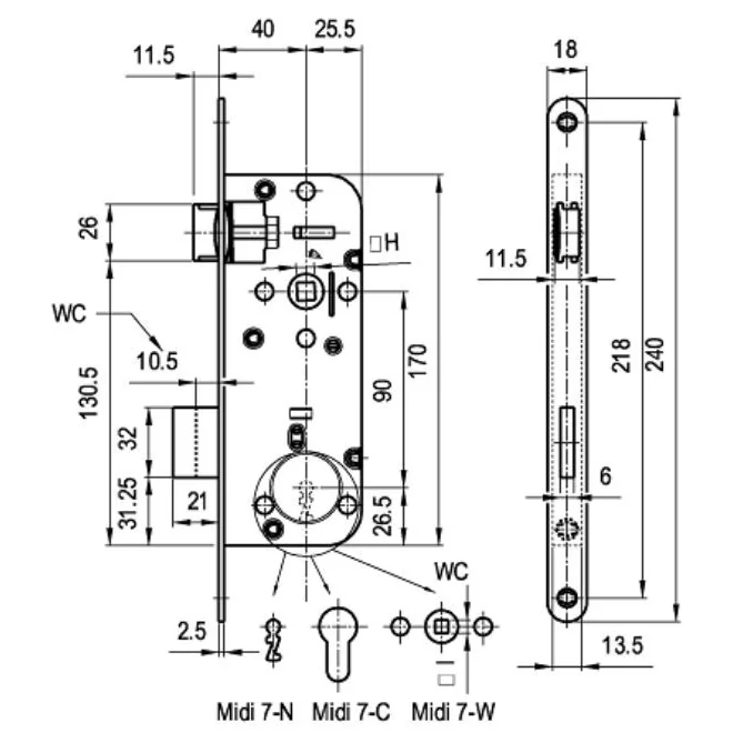Broasca simpla pentru usi de interior din lemn, Elzett Midi 7, baie, dornmass 40mm, interax 90mm, placa 18mm, patrat maner 8mm