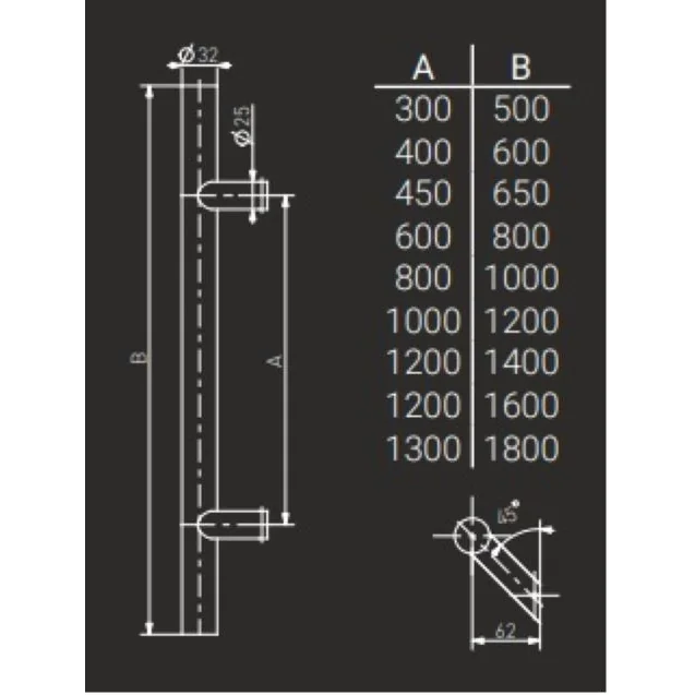 Maner spatial pe o singura parte, Medos, material inox mat, lungime 1200 mm, asezare la 45 de grade, fara accesorii de prindere