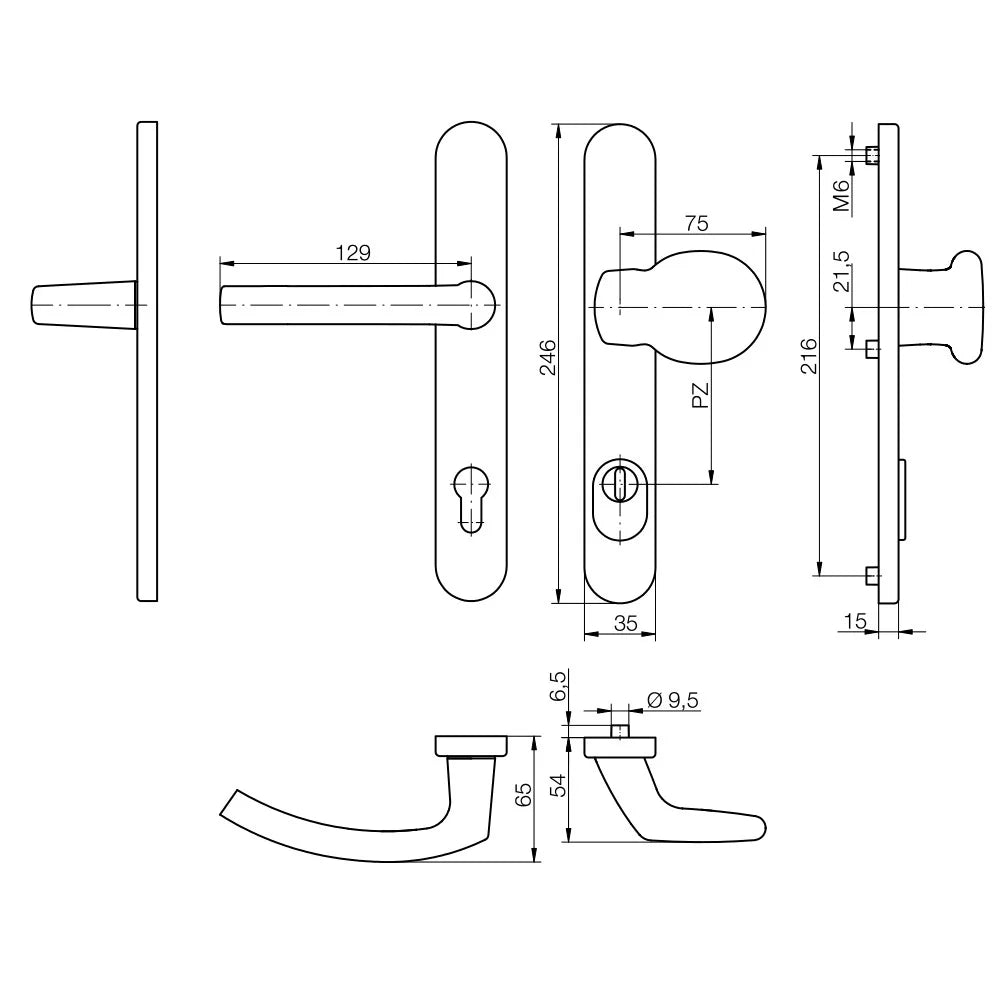 Maner usa termopan, blaugelb KGT35, exterior 92 x 35 mm cu buton fix si scut cilindru aluminiu fara accesorii fixare, argintiu