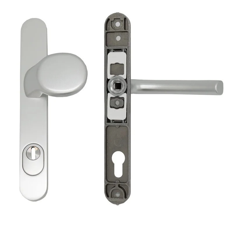 Maner usa termopan, blaugelb KGT35, exterior 92 x 35 mm cu buton fix si scut cilindru aluminiu fara accesorii fixare, argintiu