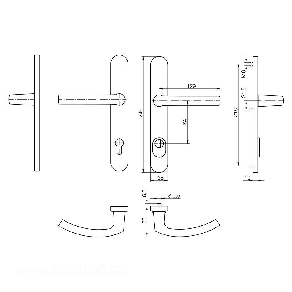 Maner usa termopan, blaugelb DGT35, exterior, 92 x 35 mm cu scut pentru cilindru, aluminiu, fara accesorii de prindere, alb