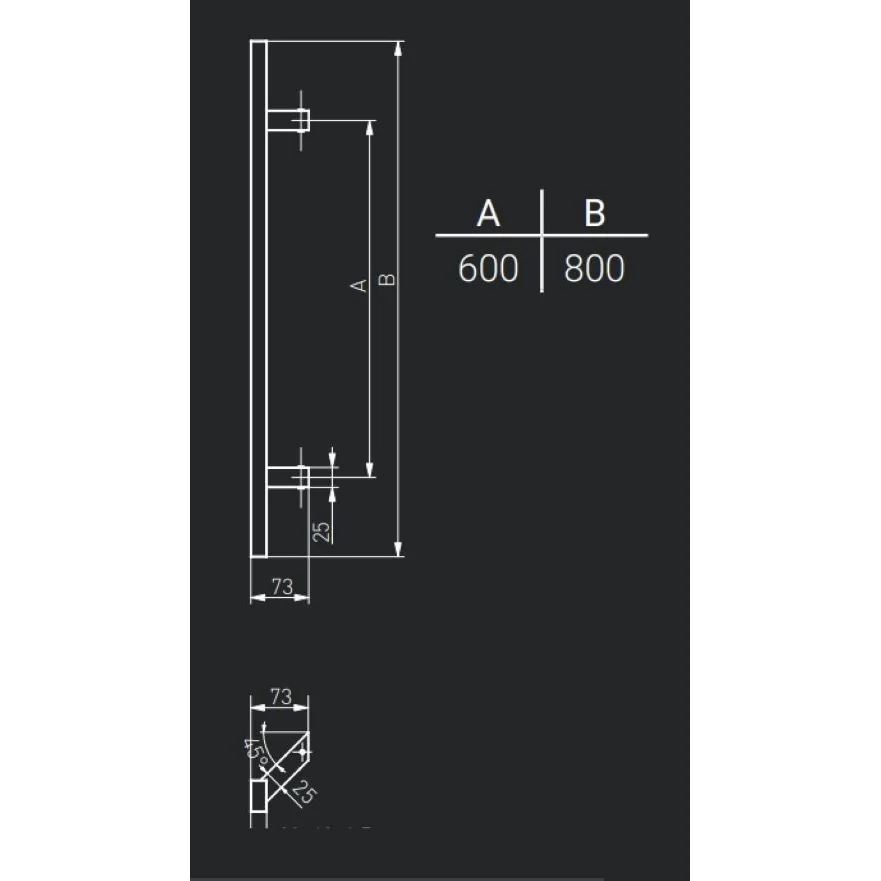 Maner spatial pe o singura parte, Medos, material inox mat, rectangular, L 800 mm, la 45 de grade, fara acc. de prindere