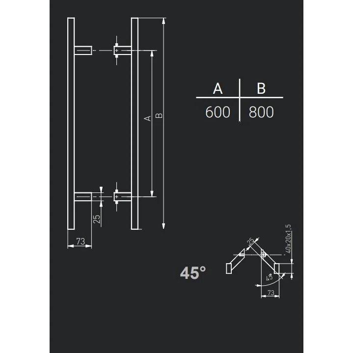 Maner spatial pe ambele parti, Medos, material inox, rectangular, L 800 mm, la 45 de grade, cu accesorii de prindere.