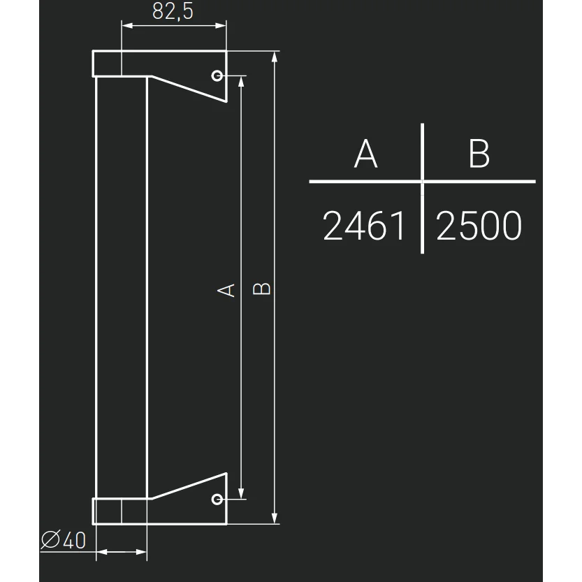 Maner spatial pe o singura parte, Medos, material inox, diam. 40 mm, L-2500 mm, la 90 de grade, fara accesorii de prindere.