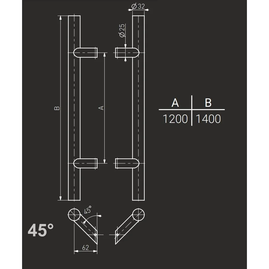 Maner spatial pe ambele parti, Medos, material inox, diam. 32 mm, L 1400 mm, asezare la 45 de grade, cu accesorii de prindere