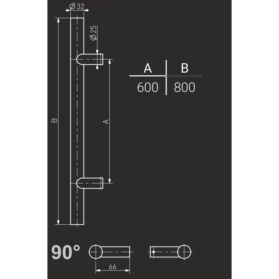 Maner spatial pe o singura parte, Medos, material inox, diam. 32 mm, L 800 mm, la 90 de grade, fara accesorii de prindere.