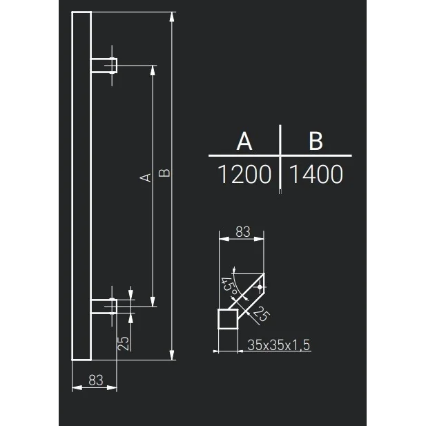Maner spatial pe o singura parte, Medos, material inox mat, rectangular, L 1400 mm, la 45 de grade, fara acc. de prindere