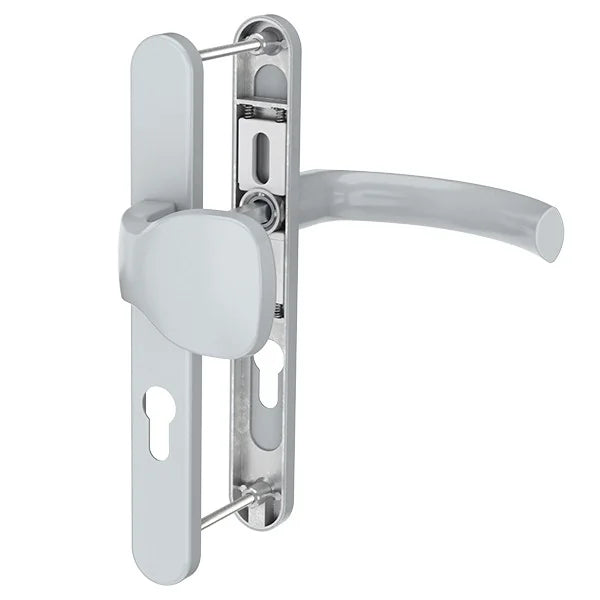 Maner usa termopan, Jowisz, exterior, 85 x 32 mm, buton fix, cu arc, material aluminiu, culoare argintiu