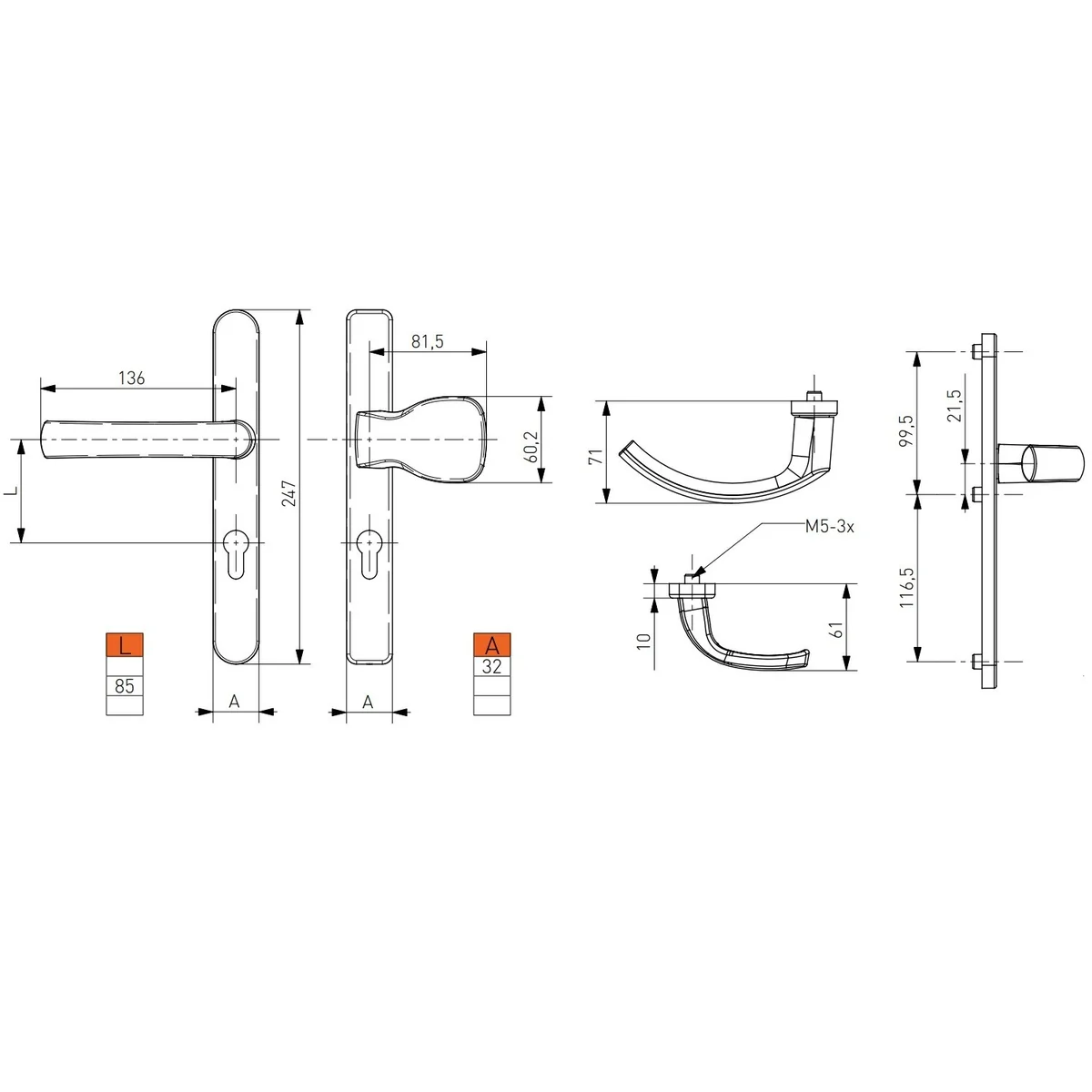 Maner usa termopan, Jowisz, exterior, 85 x 32 mm, buton fix, cu arc, material aluminiu, culoare argintiu