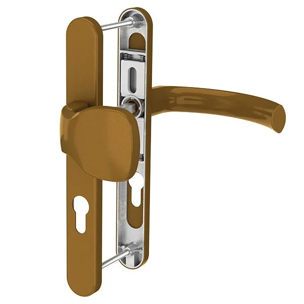 Maner usa termopan, Jowisz, exterior, 85 x 32 mm, buton fix, cu arc, material aluminiu, culoare bronz