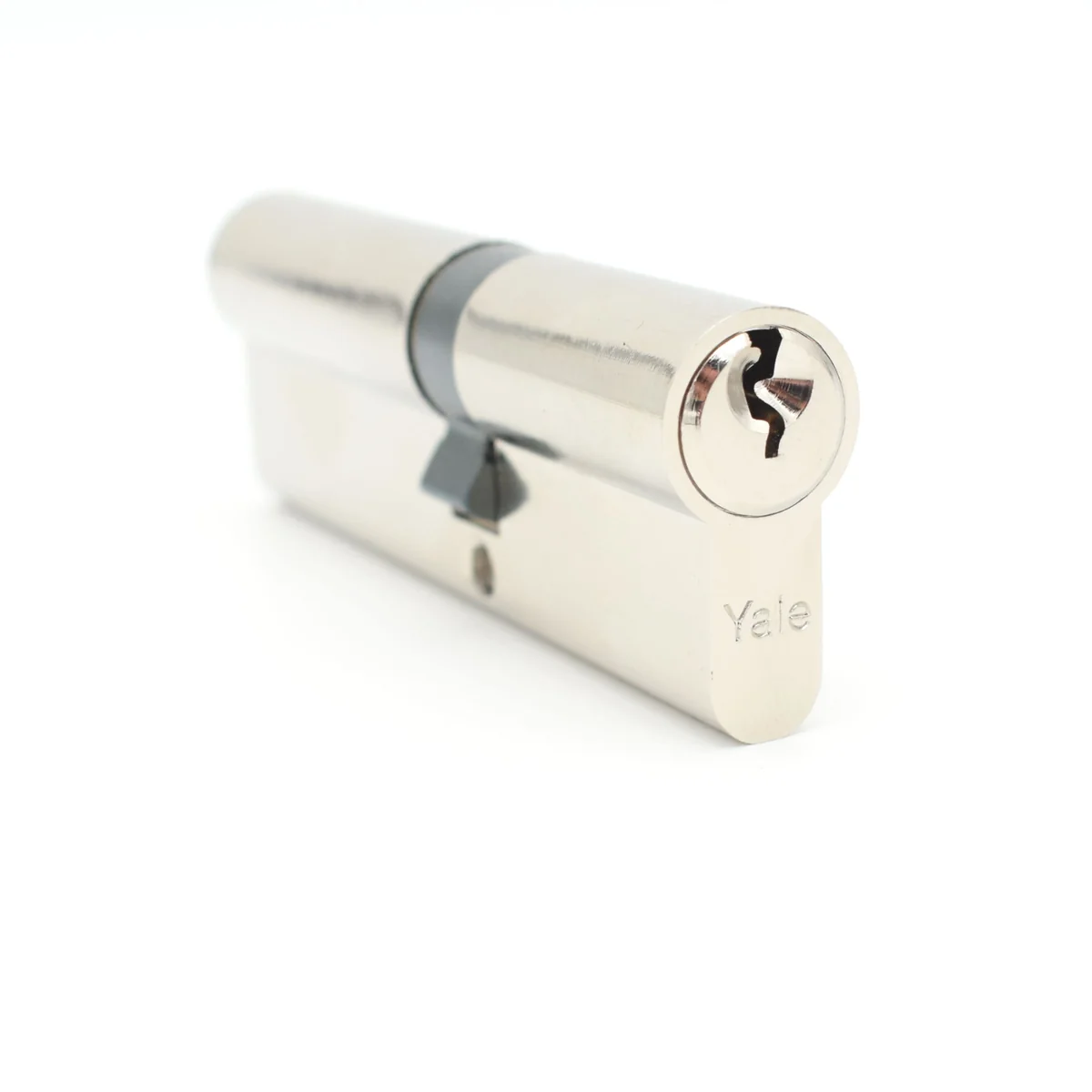 Butuc usa, cilindru, Yale, dimensiune 45 x 55, din alama, finisaj nichel lucios, surub de fixare, 3 chei