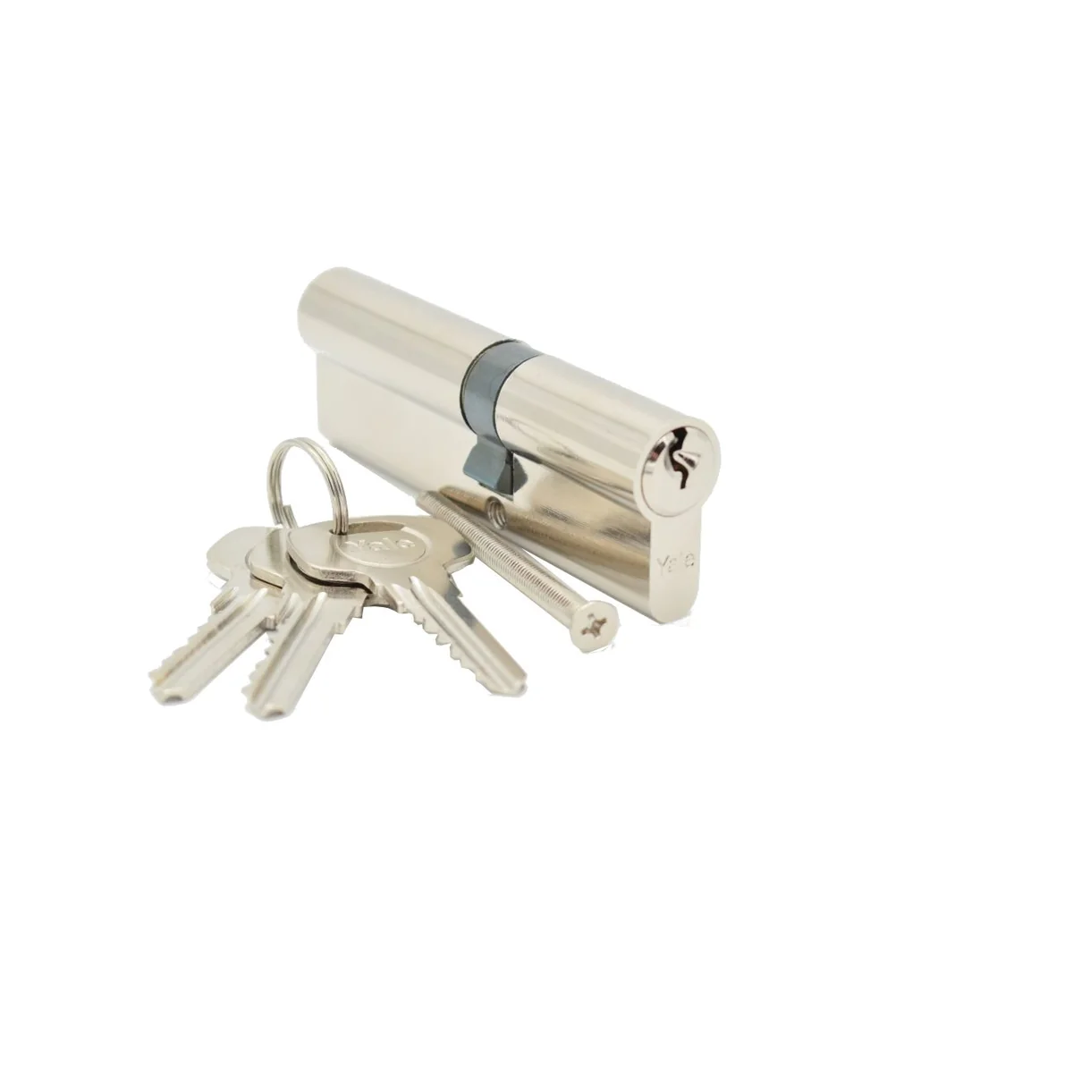 Butuc usa, cilindru, Yale, dimensiune 45 x 55, din alama, finisaj nichel lucios, surub de fixare, 3 chei