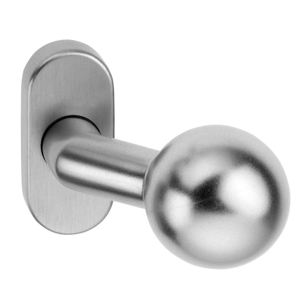 Maner tragator cu buton fix pentru porti metalice, blaugelb, cu rozeta, material inox