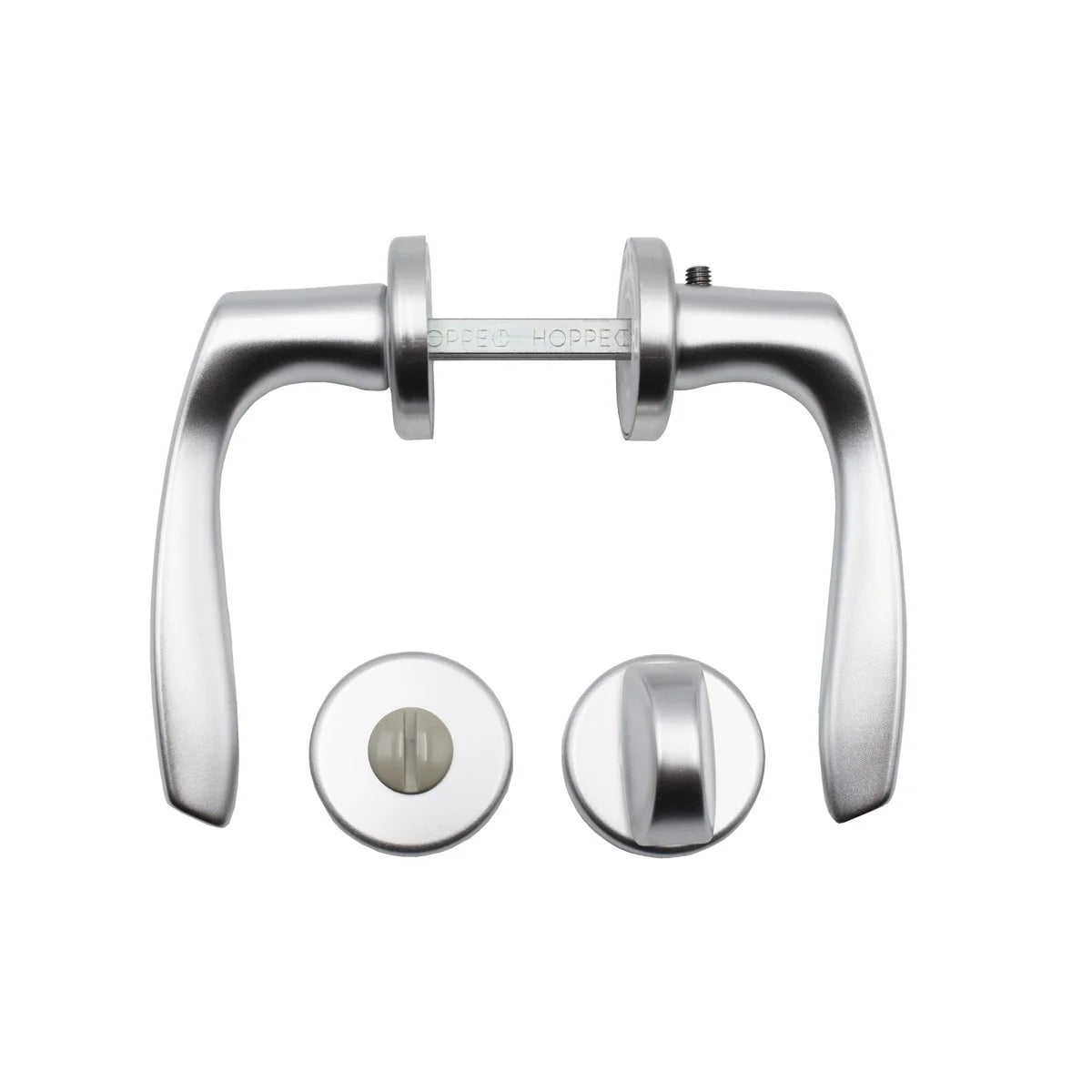 Maner usa interior, Hoppe Milano, cu rozeta pentru WC, material aluminiu, culoare argintiu, 119 x 44 mm